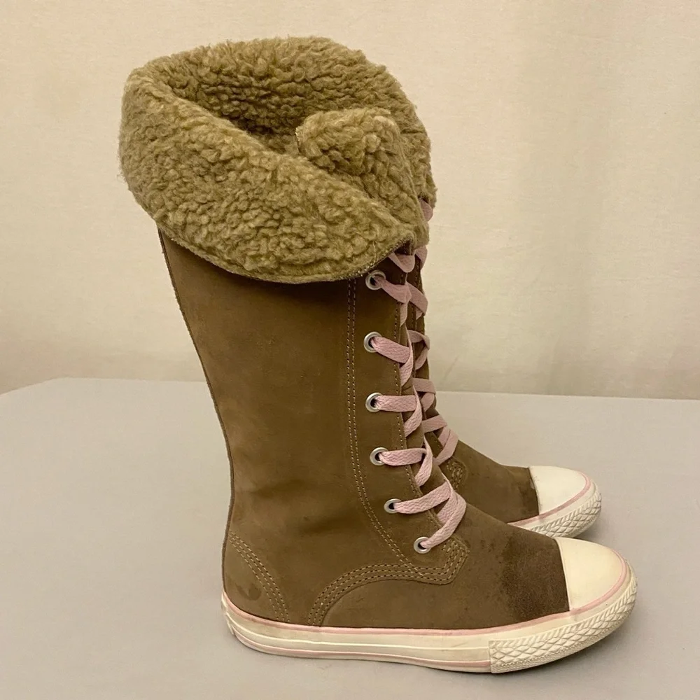 Converse Sharon Girls Youth Size 1 Tall Calf Sneakers Suede Beige Pink Shoes